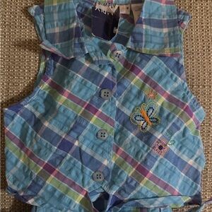 Vintage 90s Button Down Shirt with Plaid Design Embroidered (w/matching capris)
